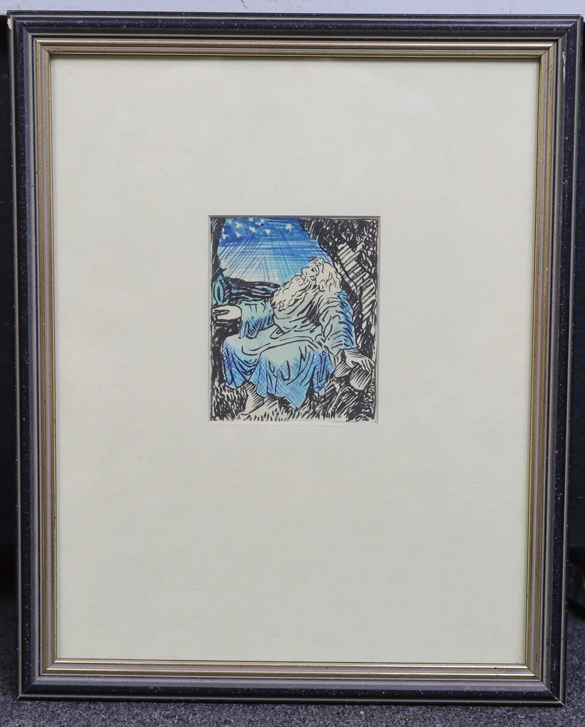 Bernard Meninsky (British, 1891-1950), Figure beneath stars, illustration for a work by Milton, ink, conté crayon and watercolour, 11 x 9cm, letter of authenticity verso